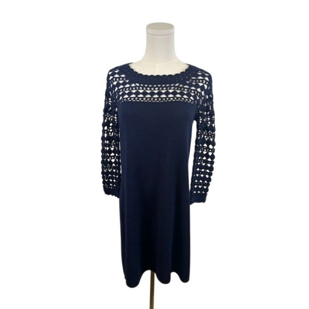 Lilly Pulitzer Merino Wool Crochet Sleeve‎ Knit Dress Navy Blue Size Medium